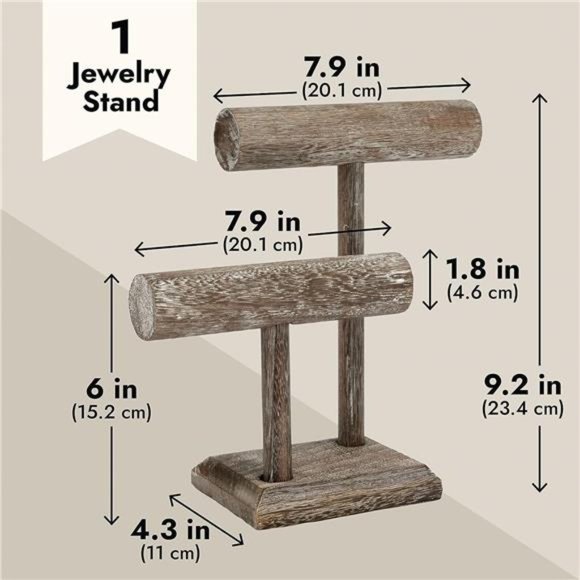 Rustic-Style 2Tier Jewelry Organizer Stand,Wooden T-Bar Necklace Rack & Bracelet - Picture 4 of 7